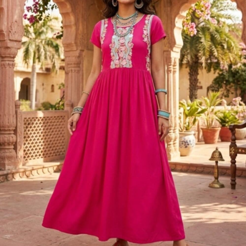 Pankaj & Nidhi Pink Embellished Maxi Dress XL Bohemian Pastel Cottagecore Fairy